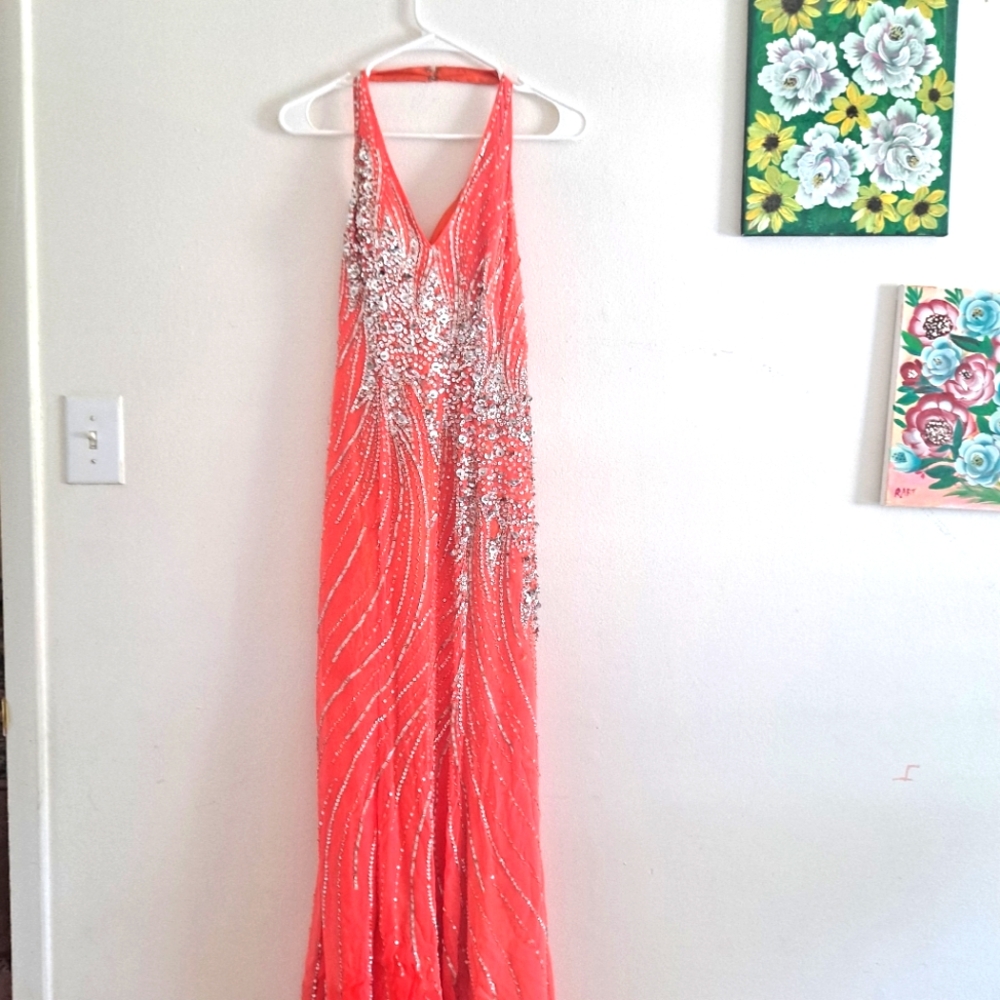Tiffany Designs Coral and Silver Prom Dress